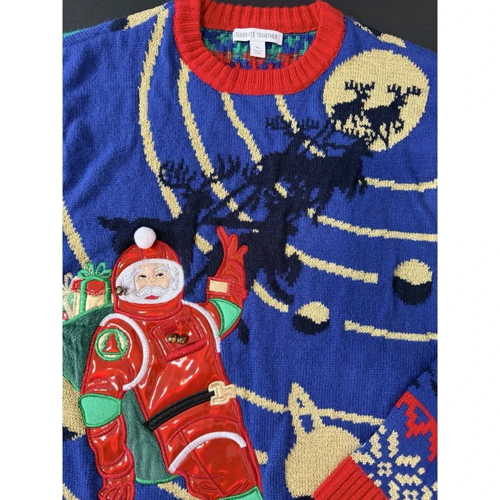 Mens Ugly Christmas Sweater Astronaut Moon Walk Space Santa Funny 3D Bells Sz XL